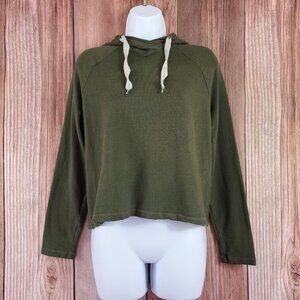 Monrow Womens Size XS Cropped Pullover Hoody Chevron Drawcord Green Soft